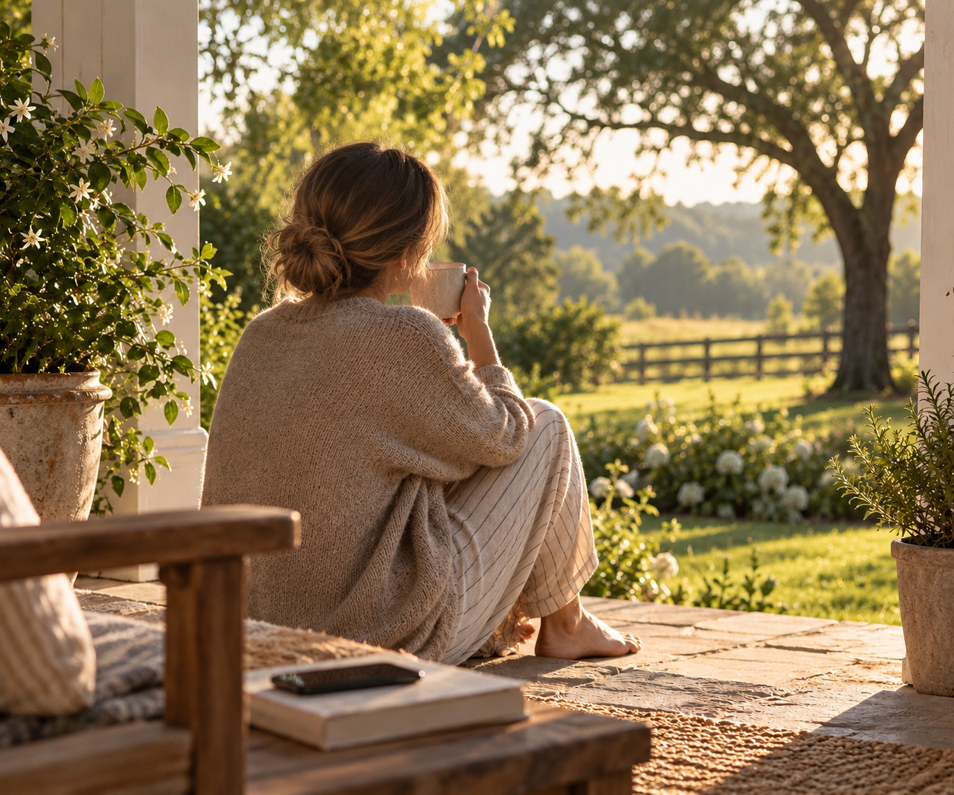 A woman seen from behind drinking coffee on a sunlit porch, her phone resting on books nearby
