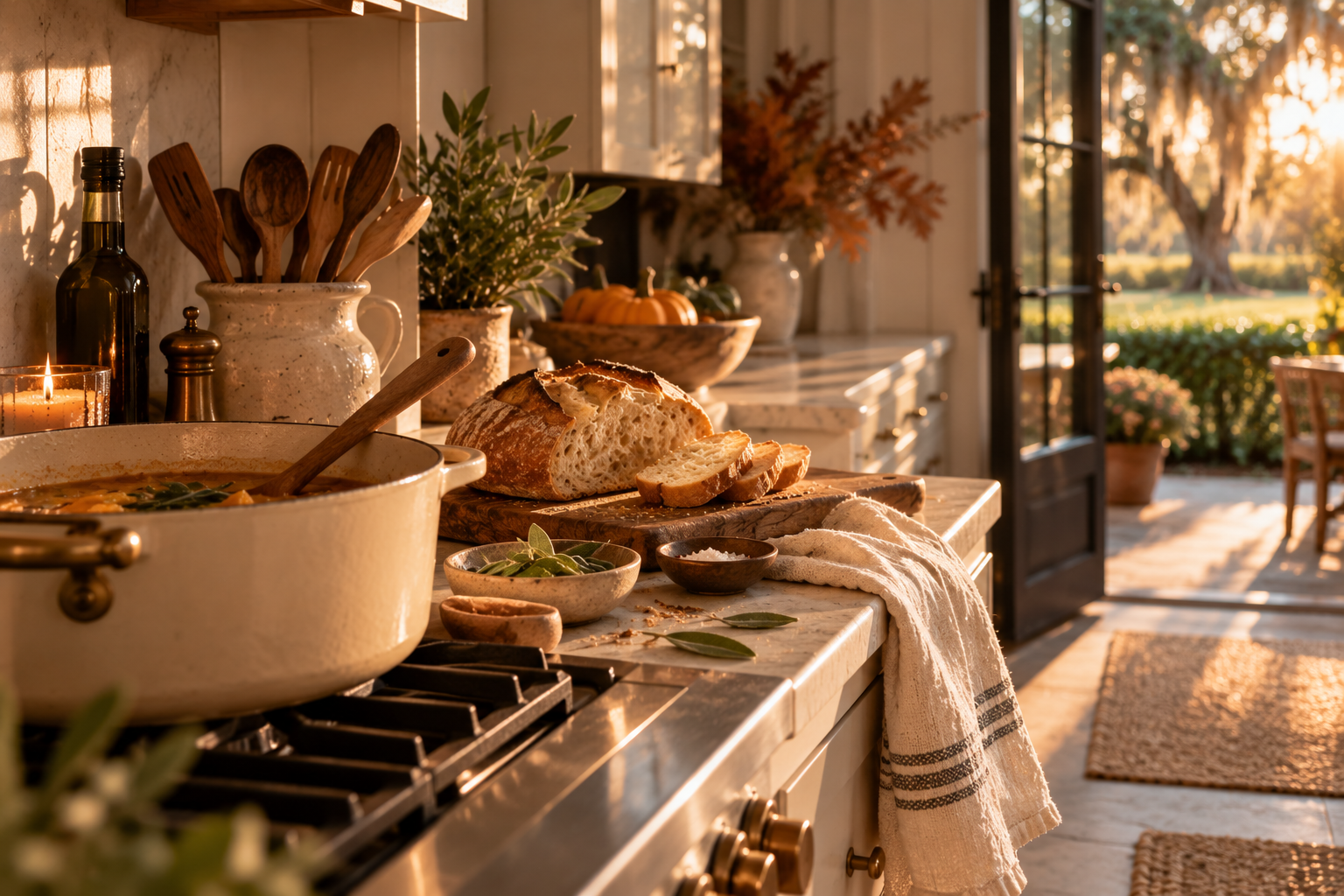 A warm October kitchen in late-afternoon light: a cream Dutch oven on the stove, crusty bread, sage and linen, with an open door toward the Florida landscape.