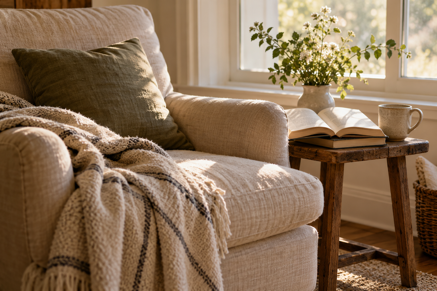 A cream linen reading chair with an olive cushion and striped throw beside a window, an open book and coffee on a small wooden stool