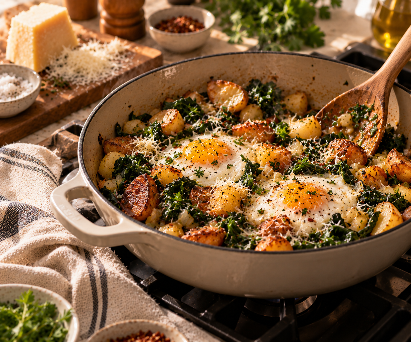 Crispy golden potatoes, wilted greens and two fried eggs with Parmesan in a cream skillet