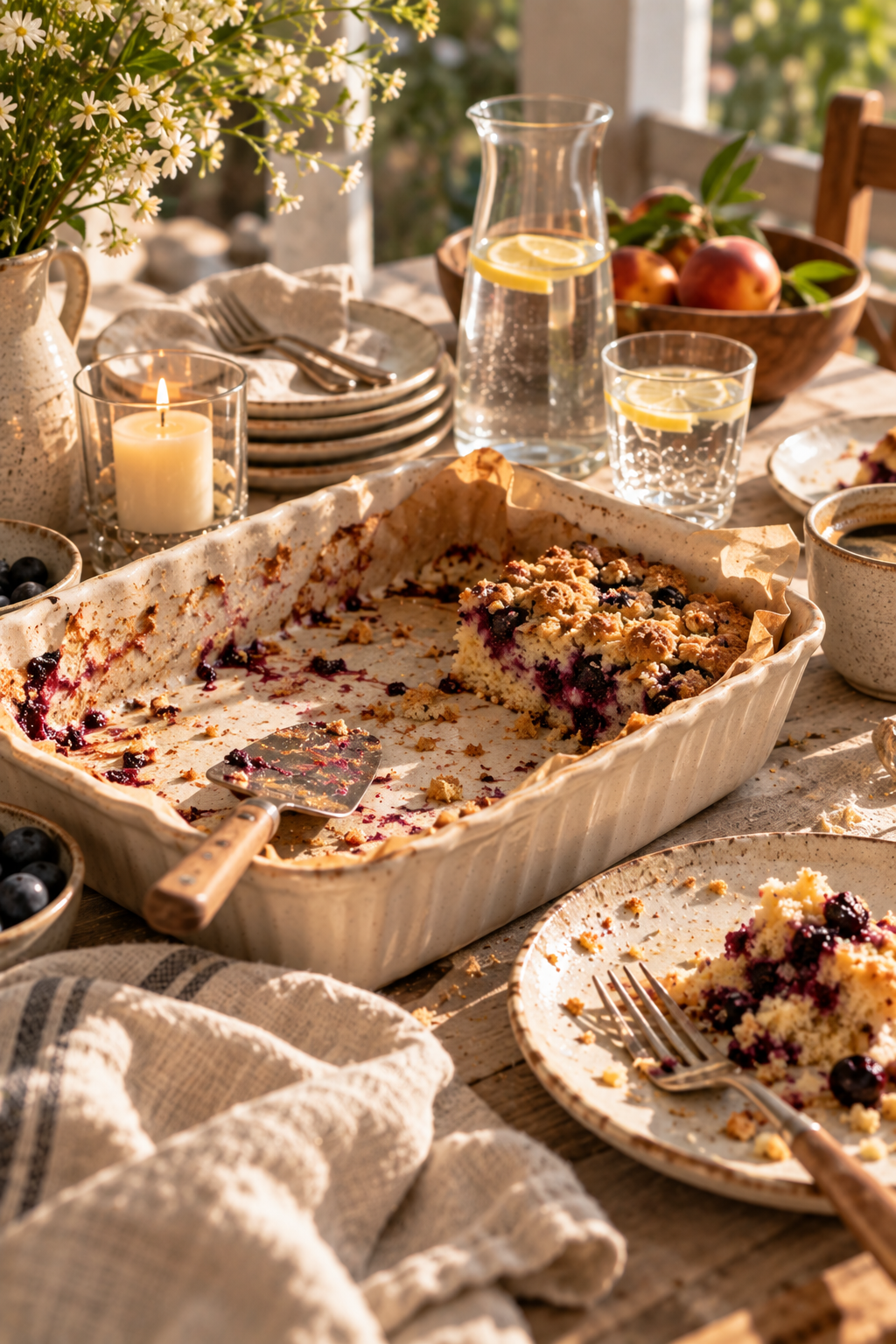 A nearly empty baking dish of berry crumb cake with one piece left, crumbs and a used plate and fork