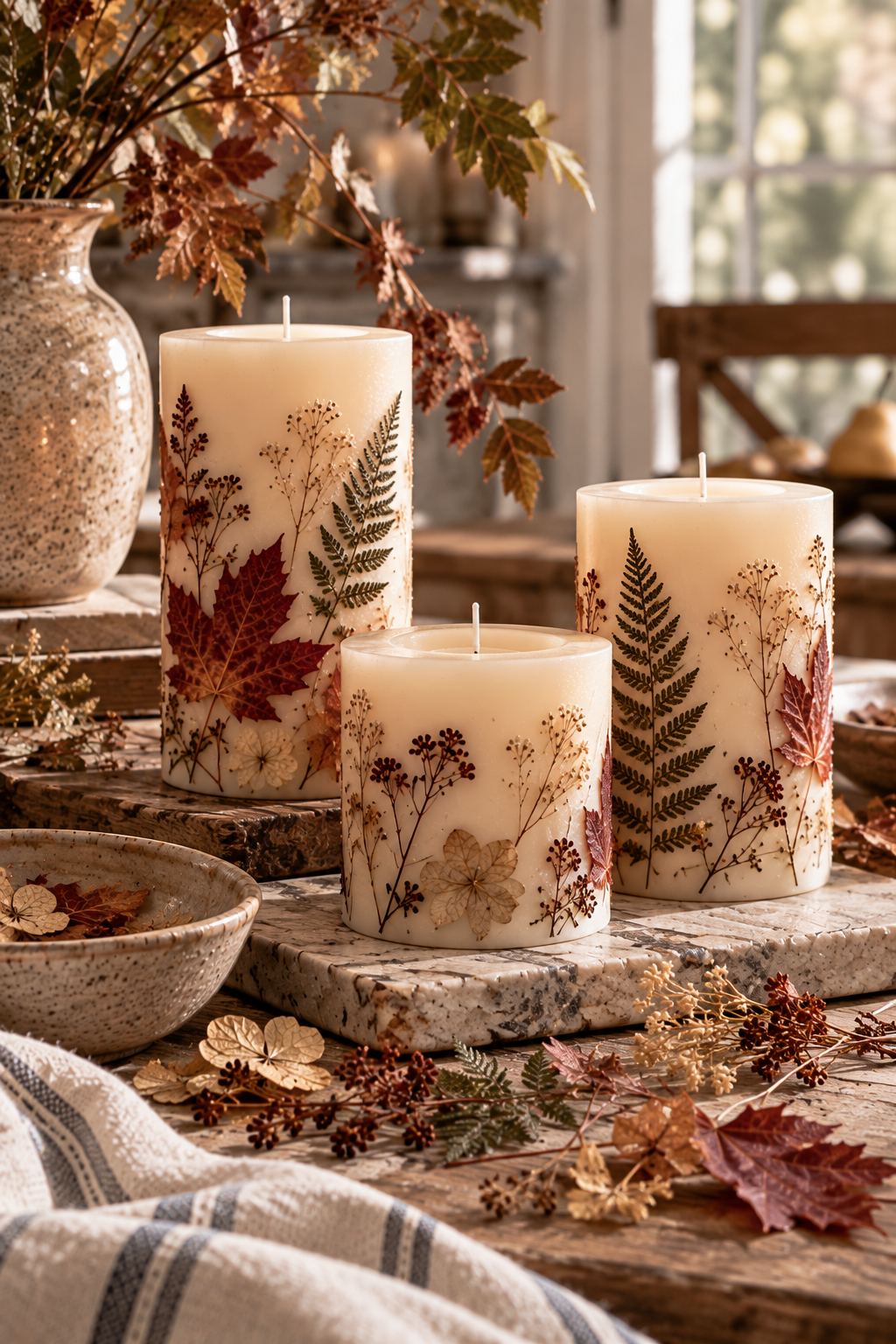 Three finished, unlit ivory pillar candles of different heights wrapped in pressed maple leaves, ferns and dried flowers on a stone board