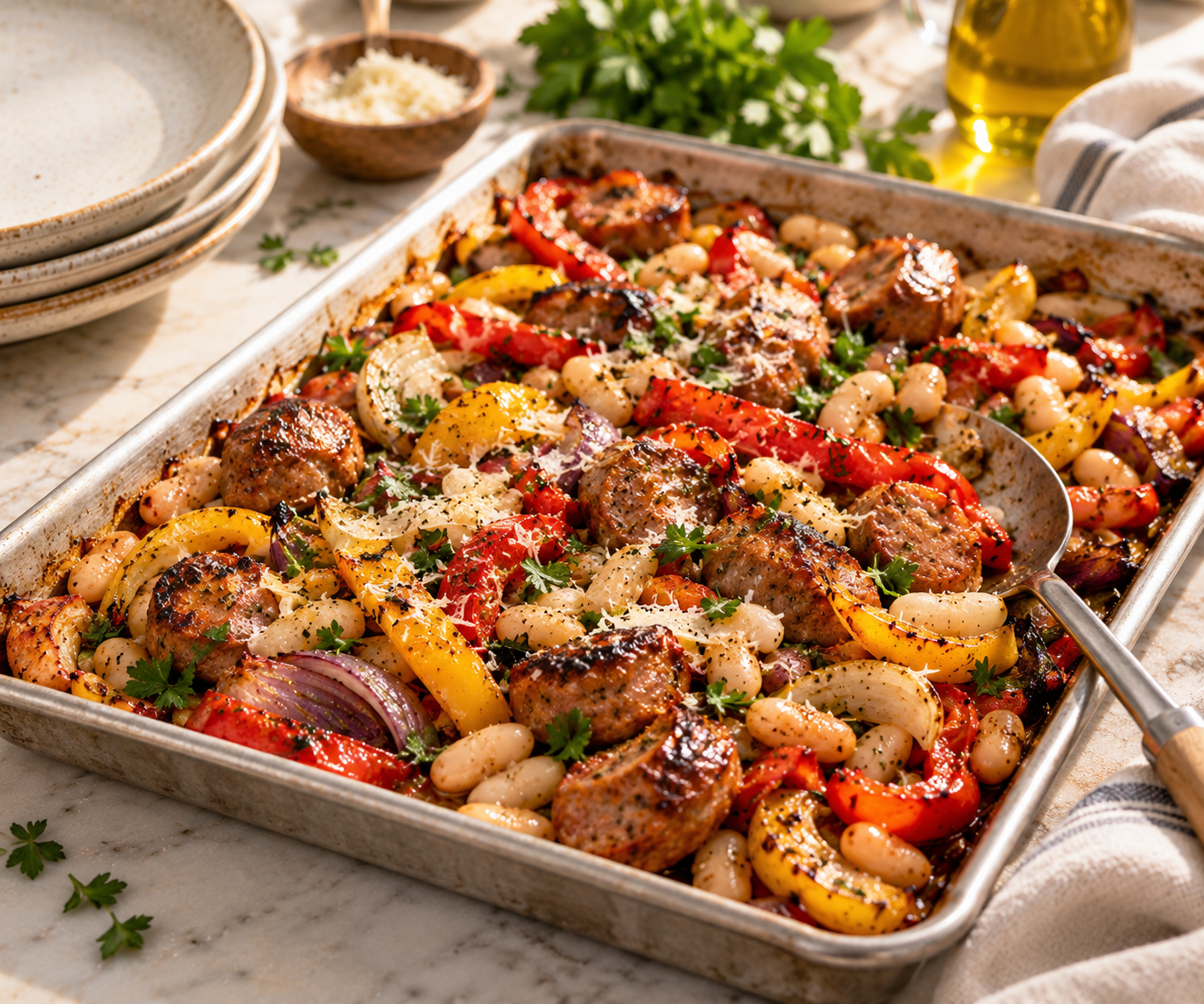 Roasted sausage, red and yellow peppers, white beans and onion on a sheet pan with herbs and Parmesan