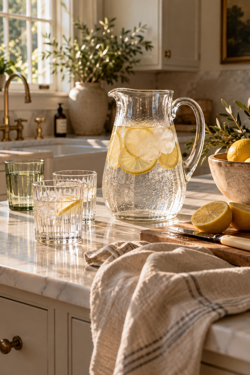 A clear glass pitcher of lemon water beside glasses, lemons and a linen towel on a sunlit kitchen counter