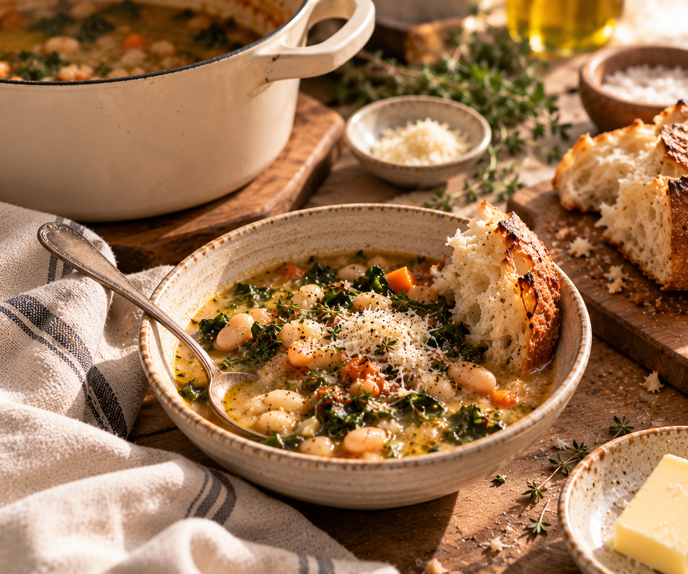 A bowl of white bean and greens soup with Parmesan, a spoon and torn crusty bread beside a cream Dutch oven, butter and linen