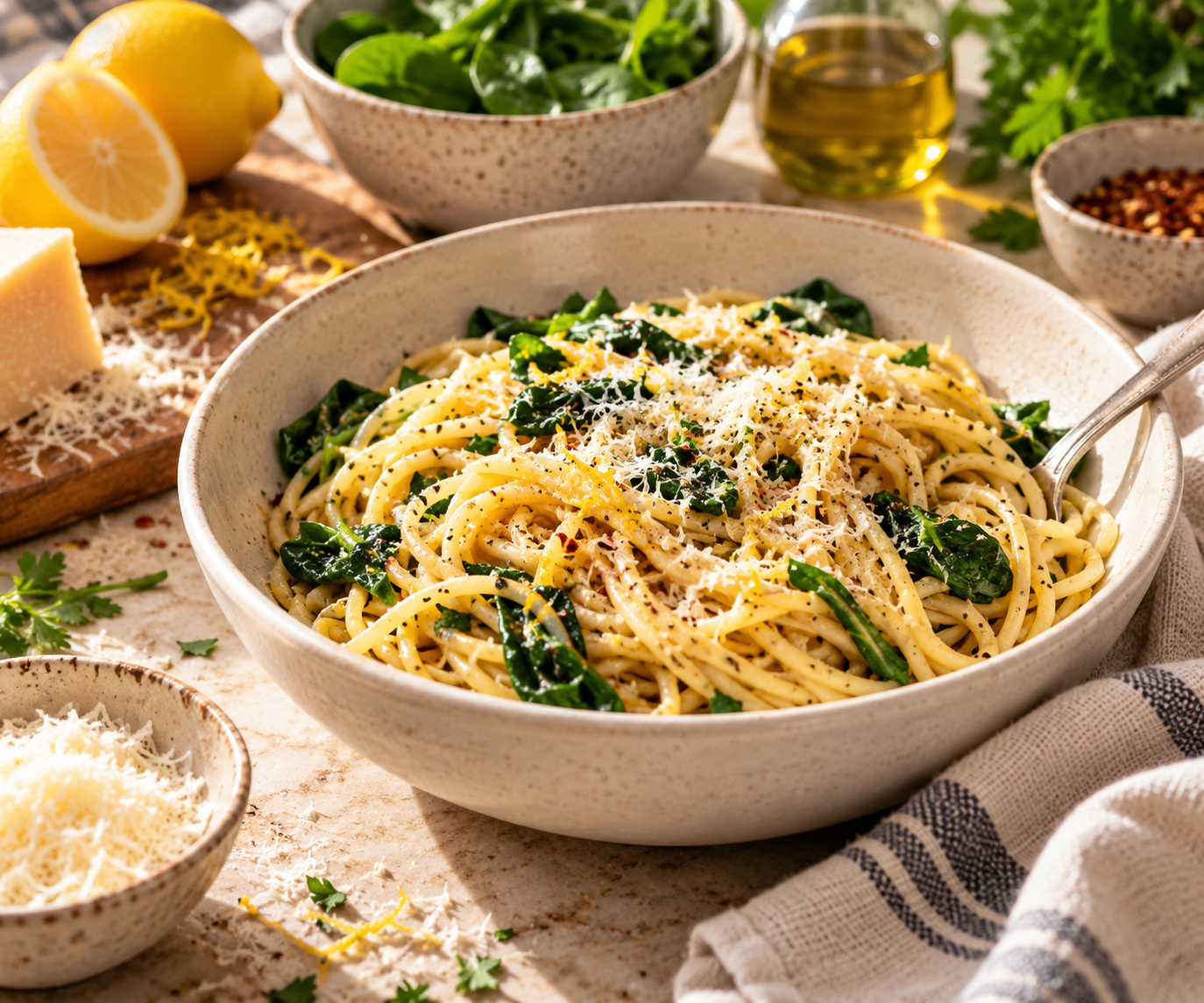 Lemony Parmesan pasta with wilted greens, lemon zest and black pepper in a cream bowl