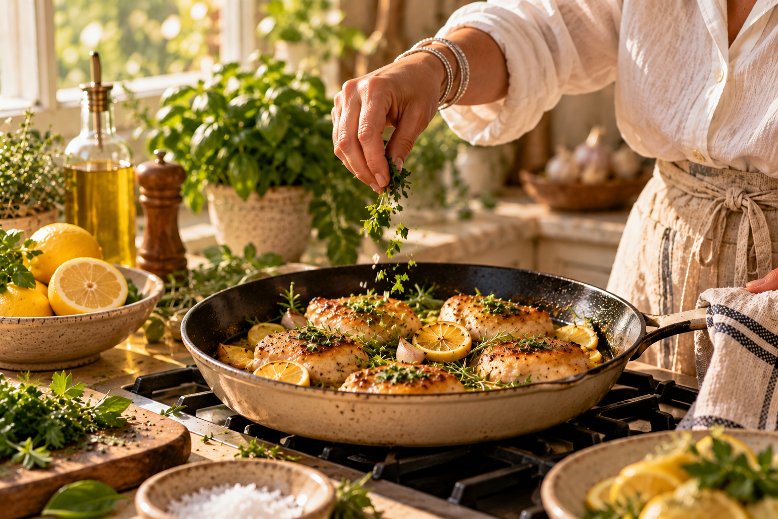 A hand scattering fresh herbs over golden chicken with lemon slices in a skillet