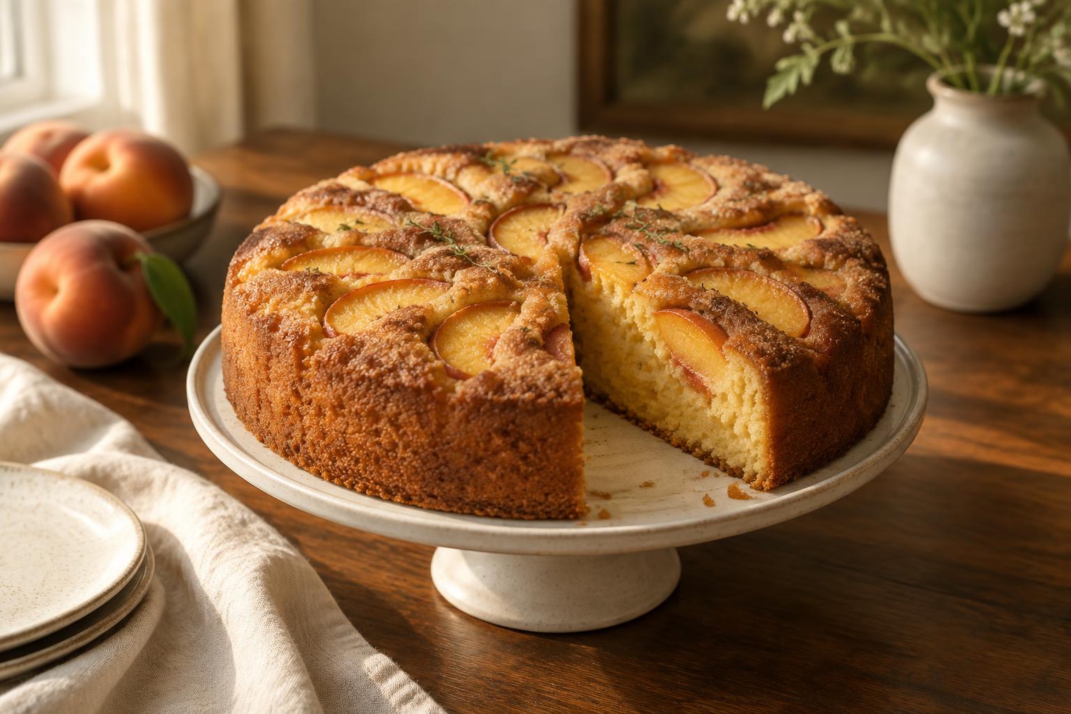 Golden peach cornmeal cake with a lightly textured thyme sugar top