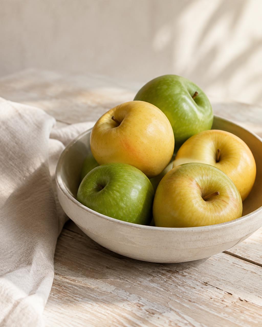 Green and golden apples in a cream ceramic bowl