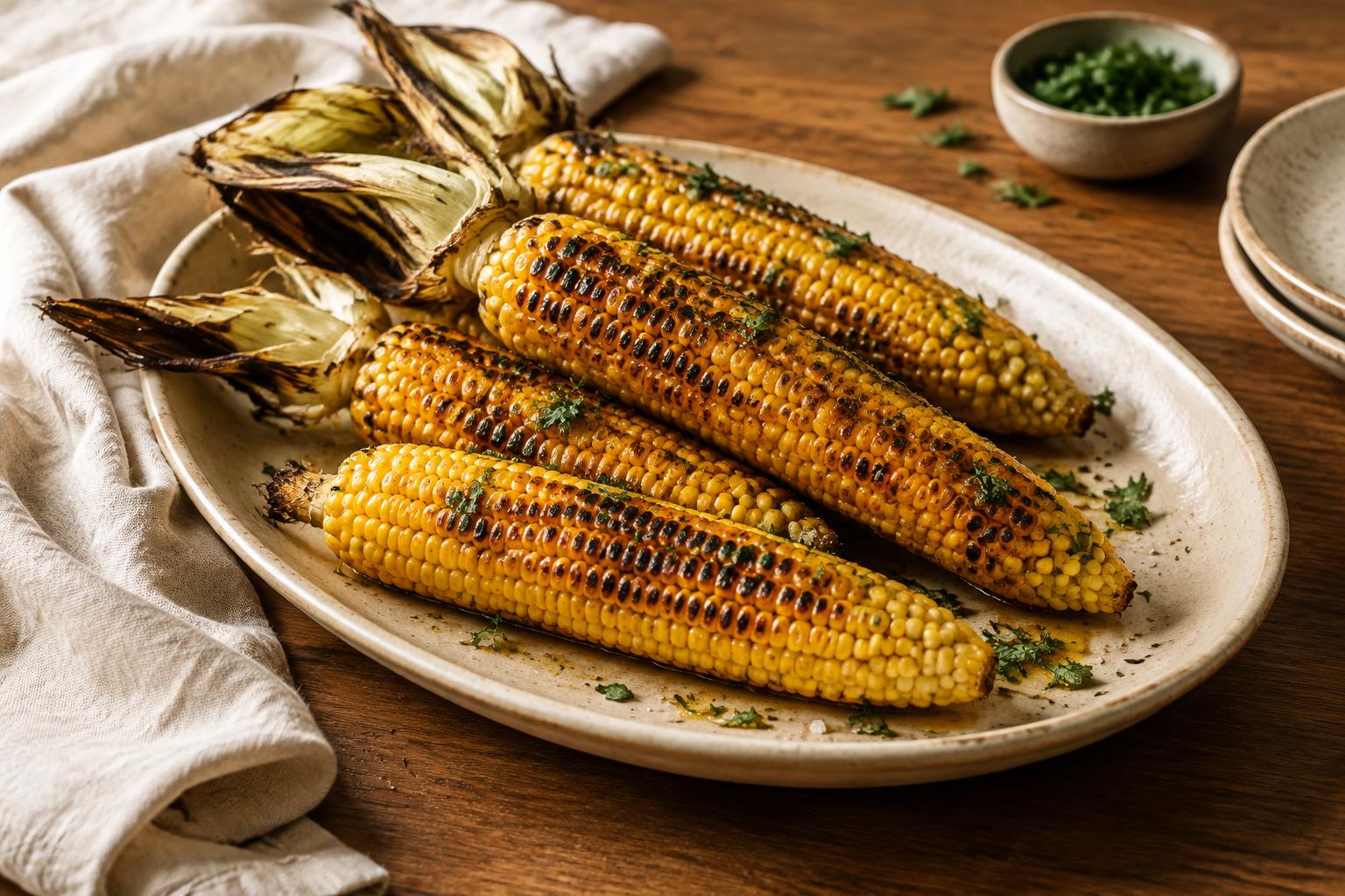 Charred corn on a cream ceramic platter