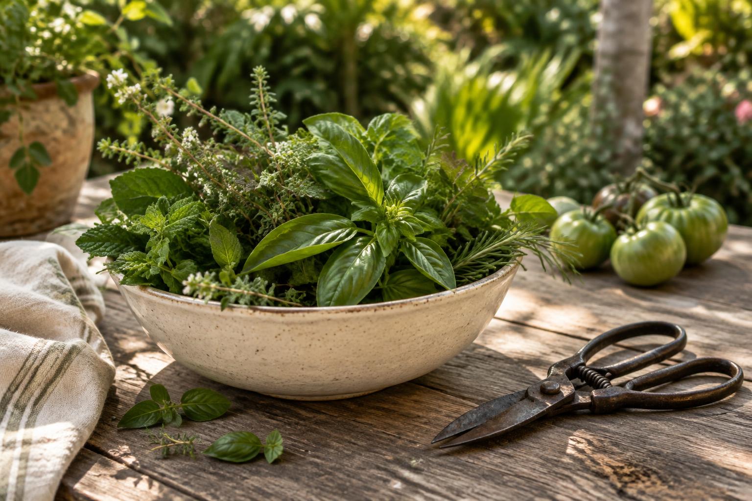 Fresh garden herbs in a ceramic bowl beside garden shears