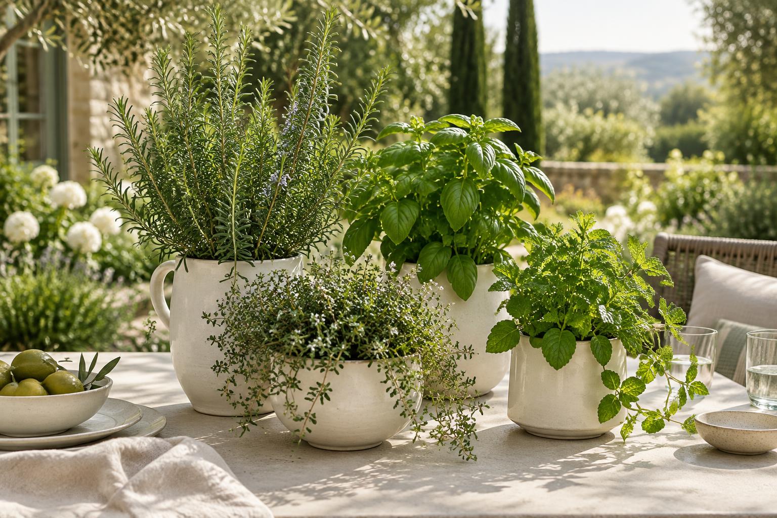 Fresh herbs growing in simple cream ceramic vessels