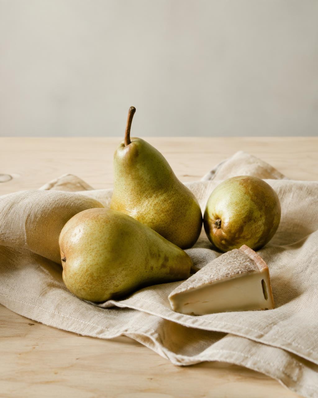 Ripe pears on linen beside a wedge of cheese
