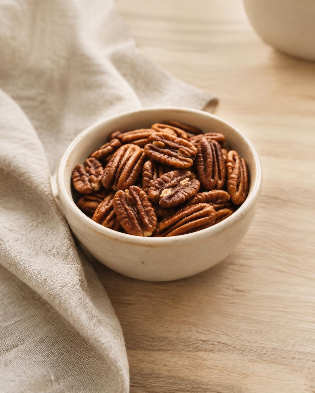Toasted pecans in a small cream ceramic bowl