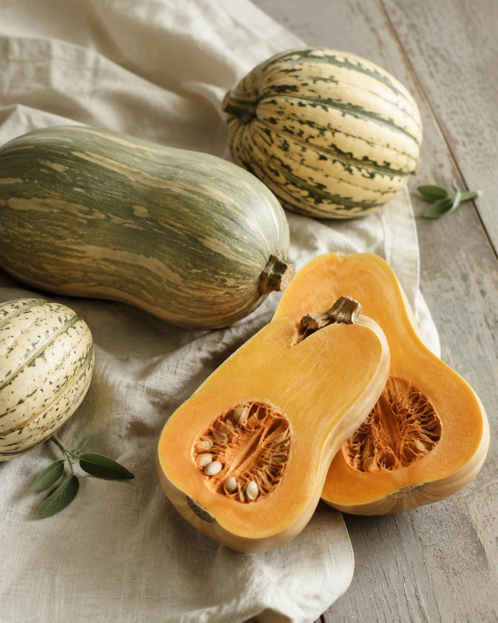 Pale green winter squash and halved butternut on linen