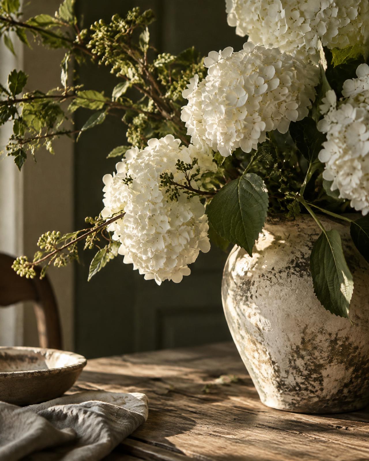 White seasonal flowers and greenery in a ceramic vase