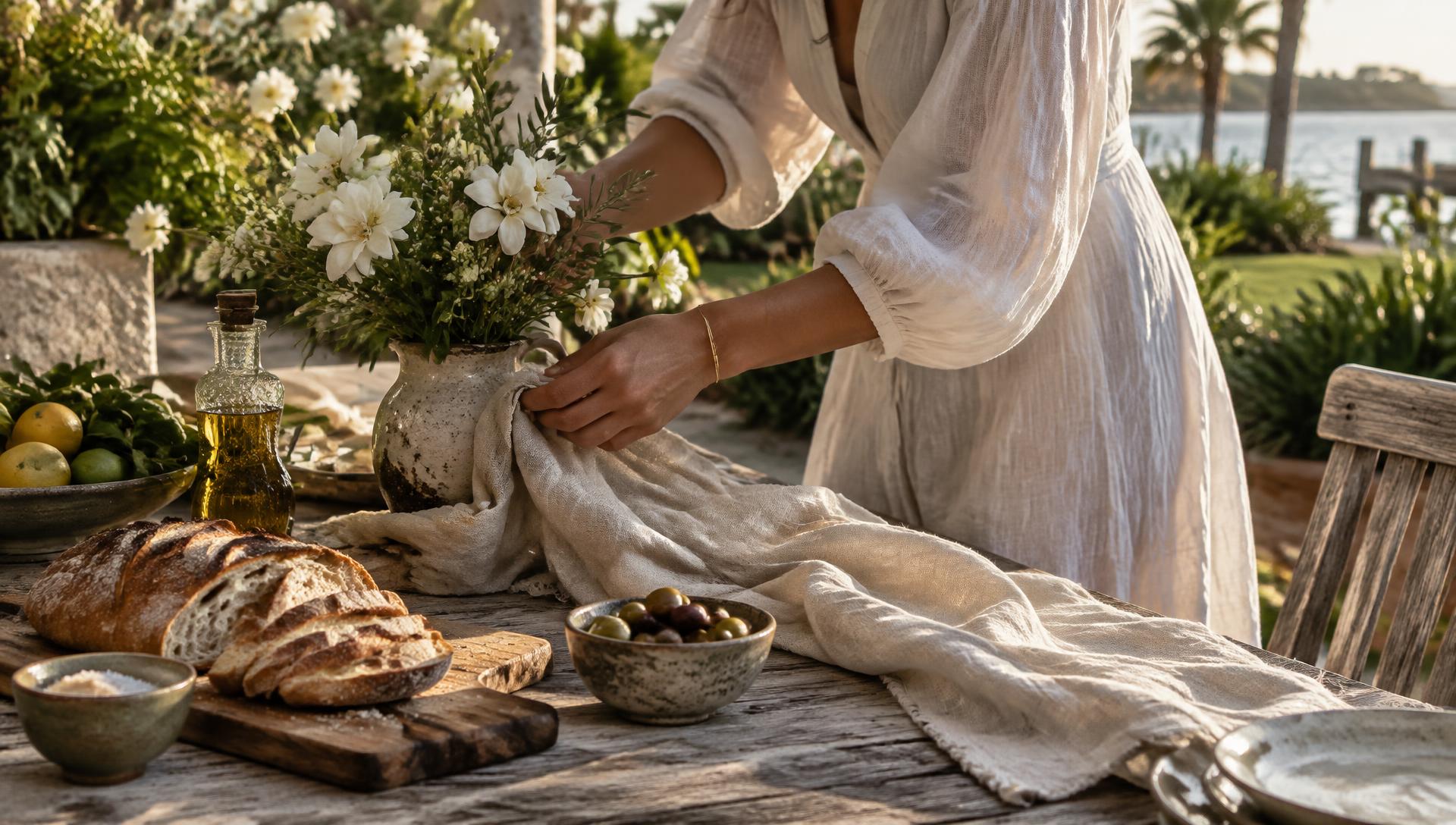 A woman arranging fresh bread, linen, and olive branches on a sunlit outdoor kitchen table