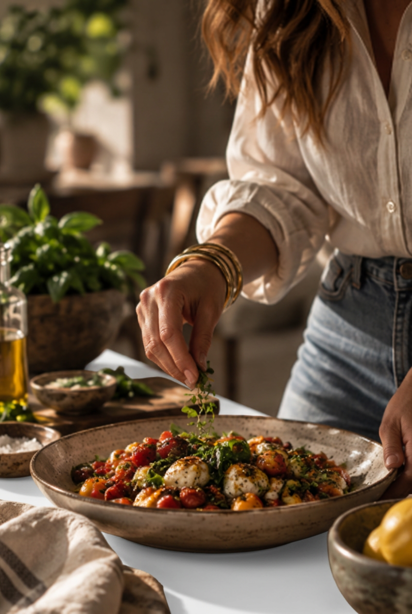 Hands preparing a fresh seasonal dish at a sunlit kitchen table