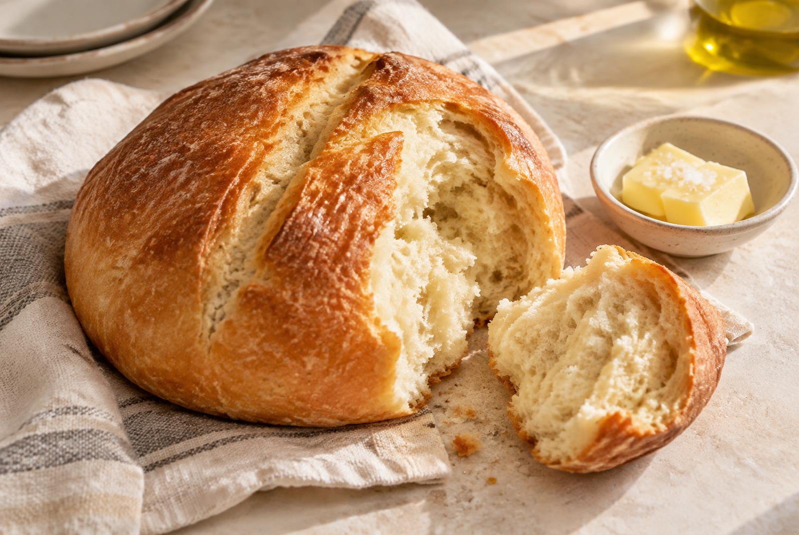 A round golden homemade loaf torn open to show its soft crumb, with salted butter on cream linen