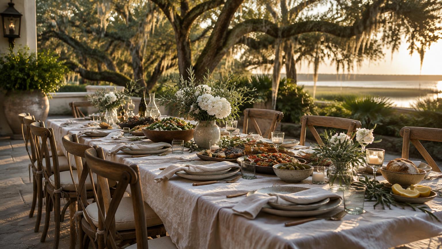A long dinner table set beneath live oaks beside the water in warm evening light