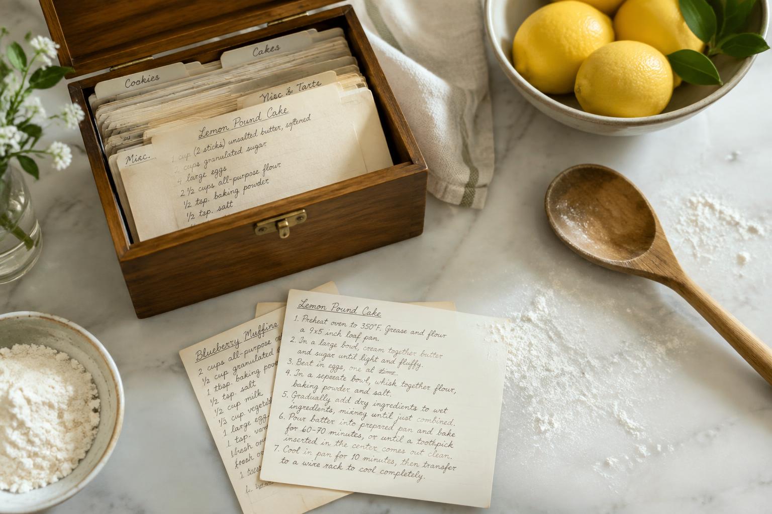 A wooden recipe box of handwritten cards on a marble counter beside a bowl of lemons