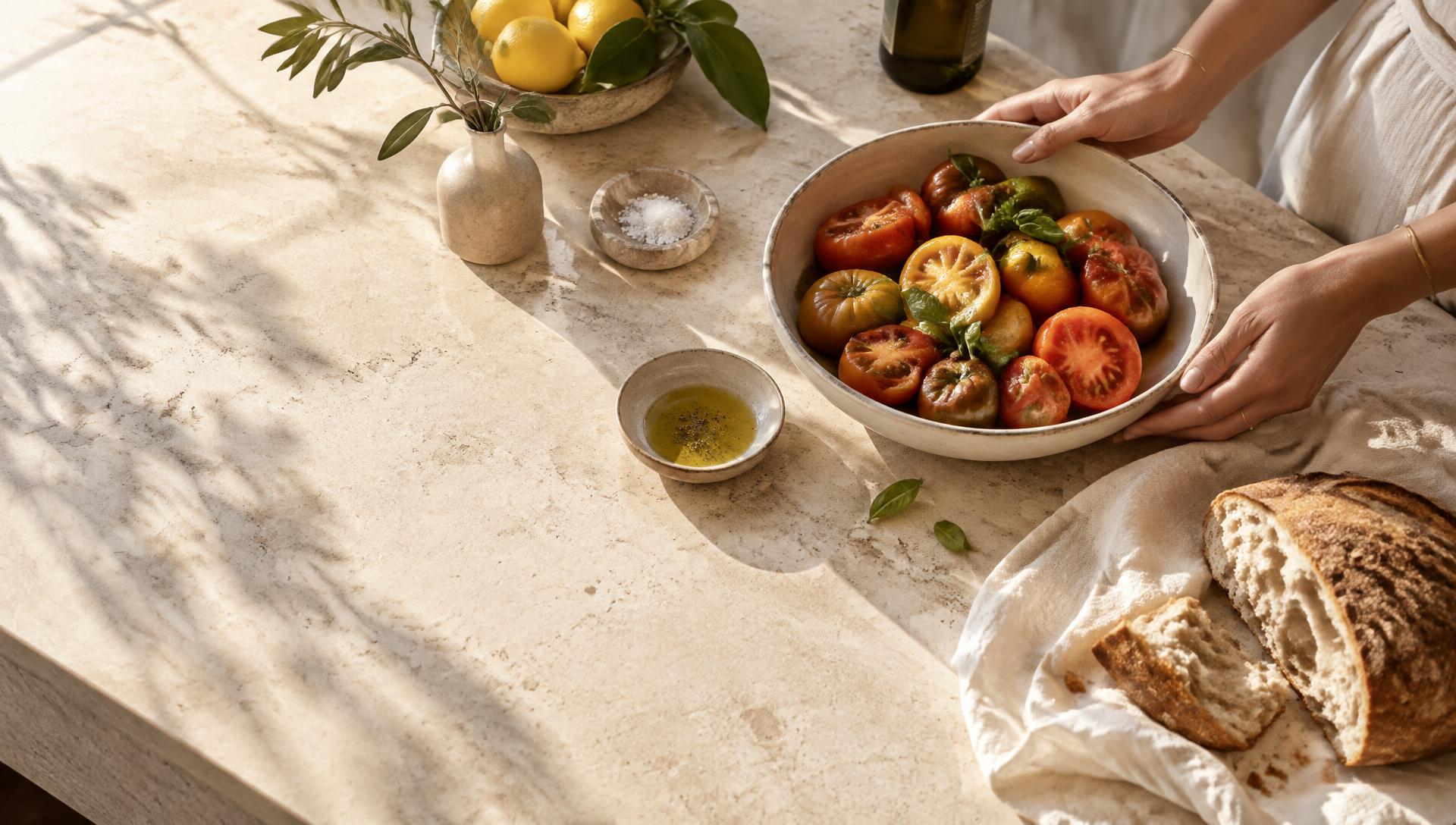Heirloom tomatoes, torn bread, lemons, and olive oil on a pale stone counter in late-afternoon light