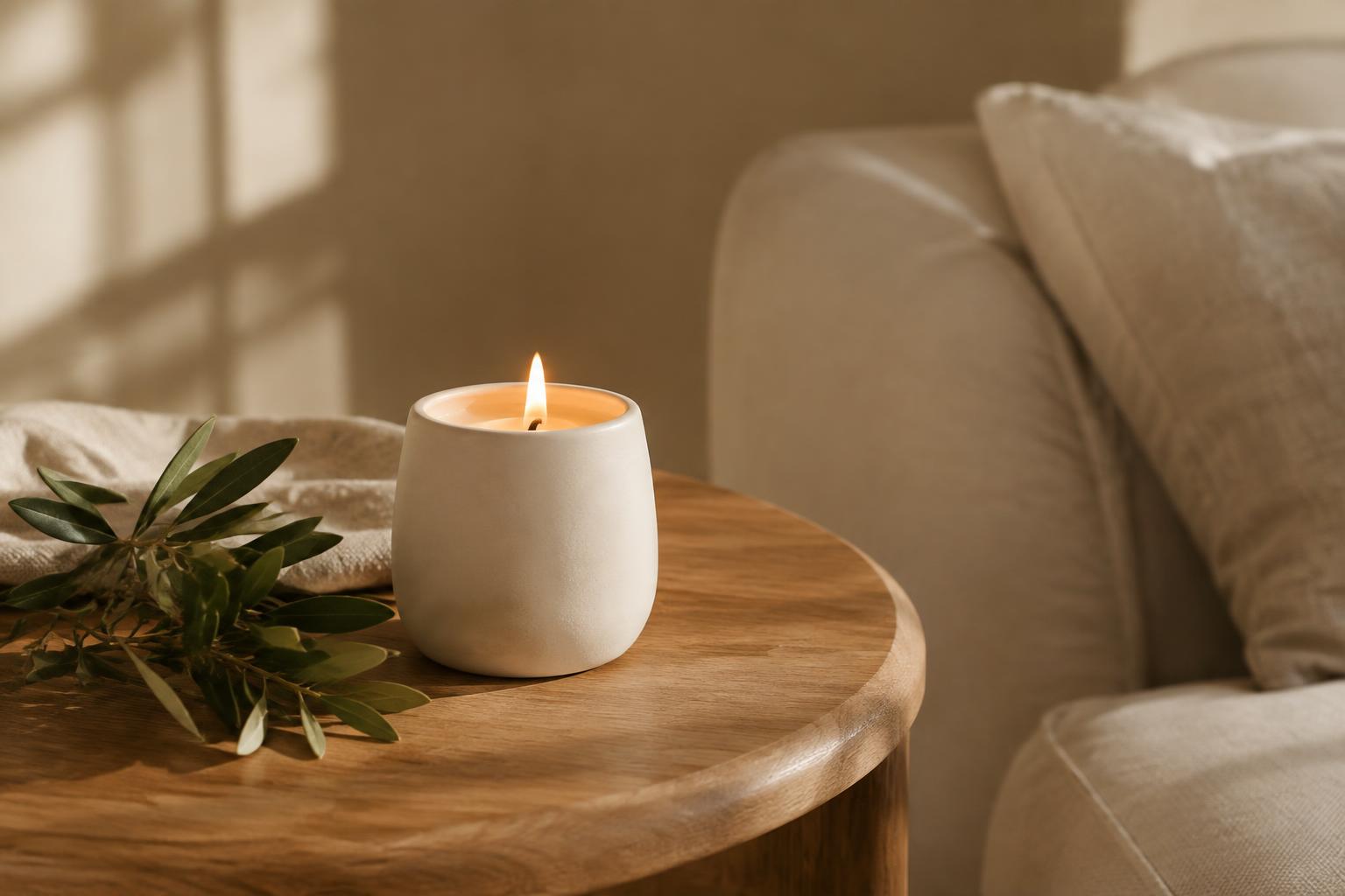 A lit cream ceramic candle on a wooden side table