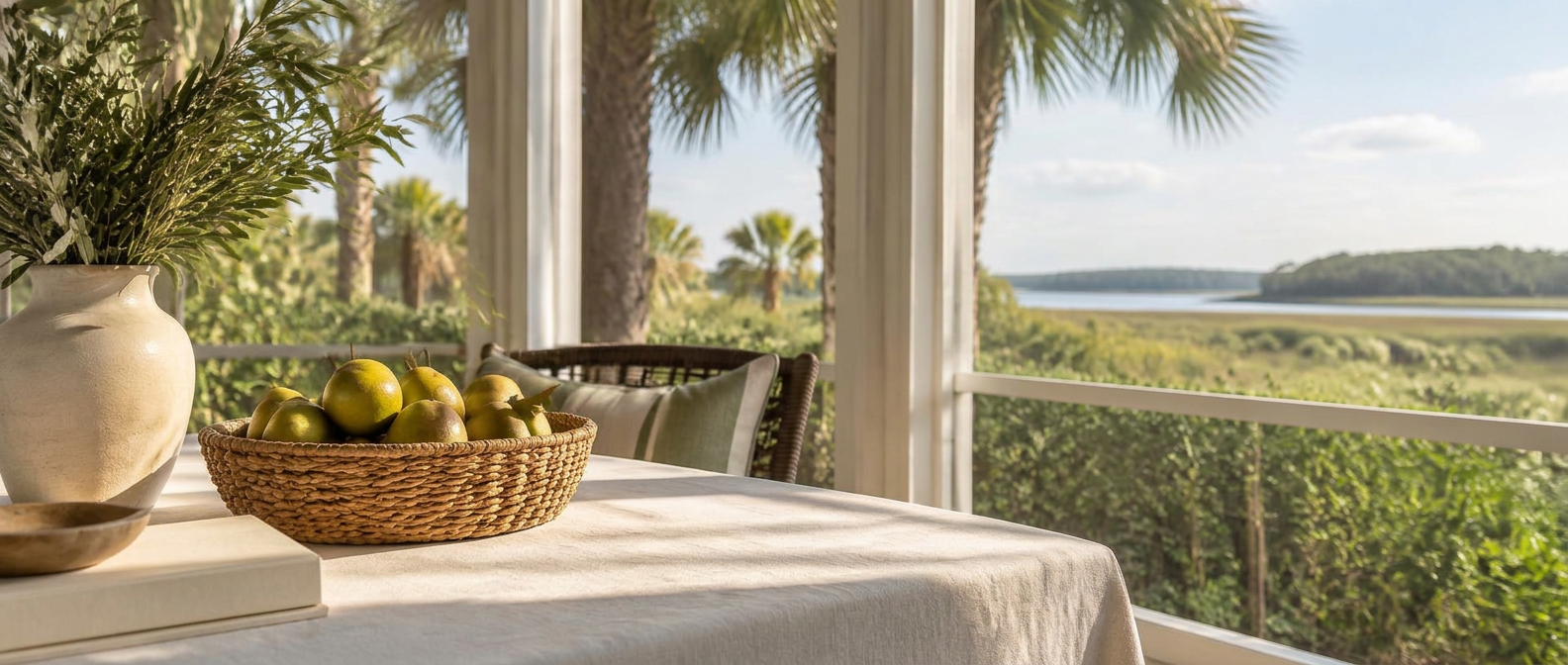 A sunlit porch table with linen, a woven basket of pears and greenery