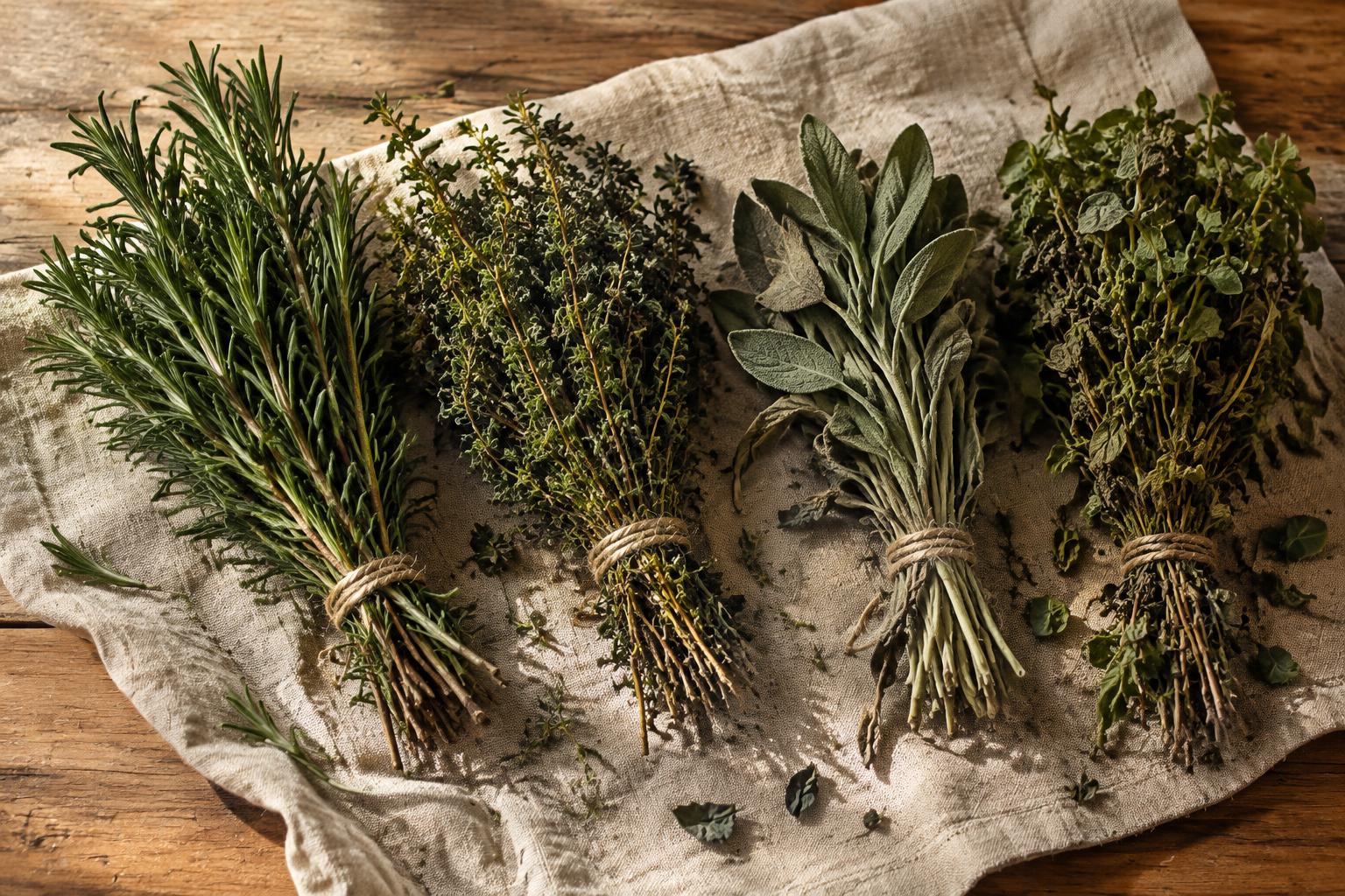 Bundles of rosemary, thyme, sage and oregano drying on linen