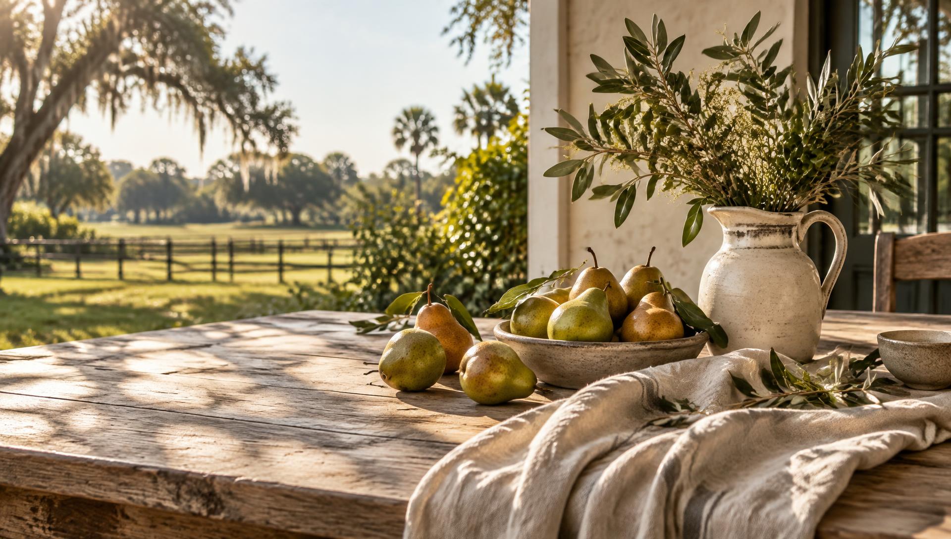 A sunlit table with pears, a ceramic pitcher of olive branches and linen