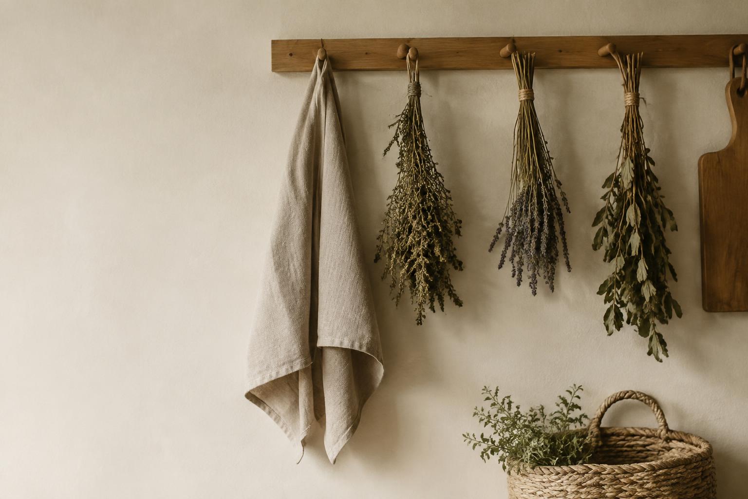 Linen and drying herbs hanging from a wooden peg rail above a woven basket