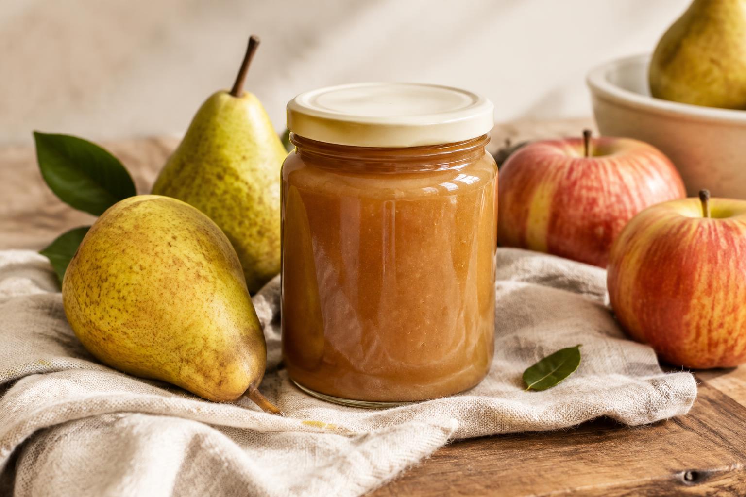 A jar of pear butter beside pears and apples on linen