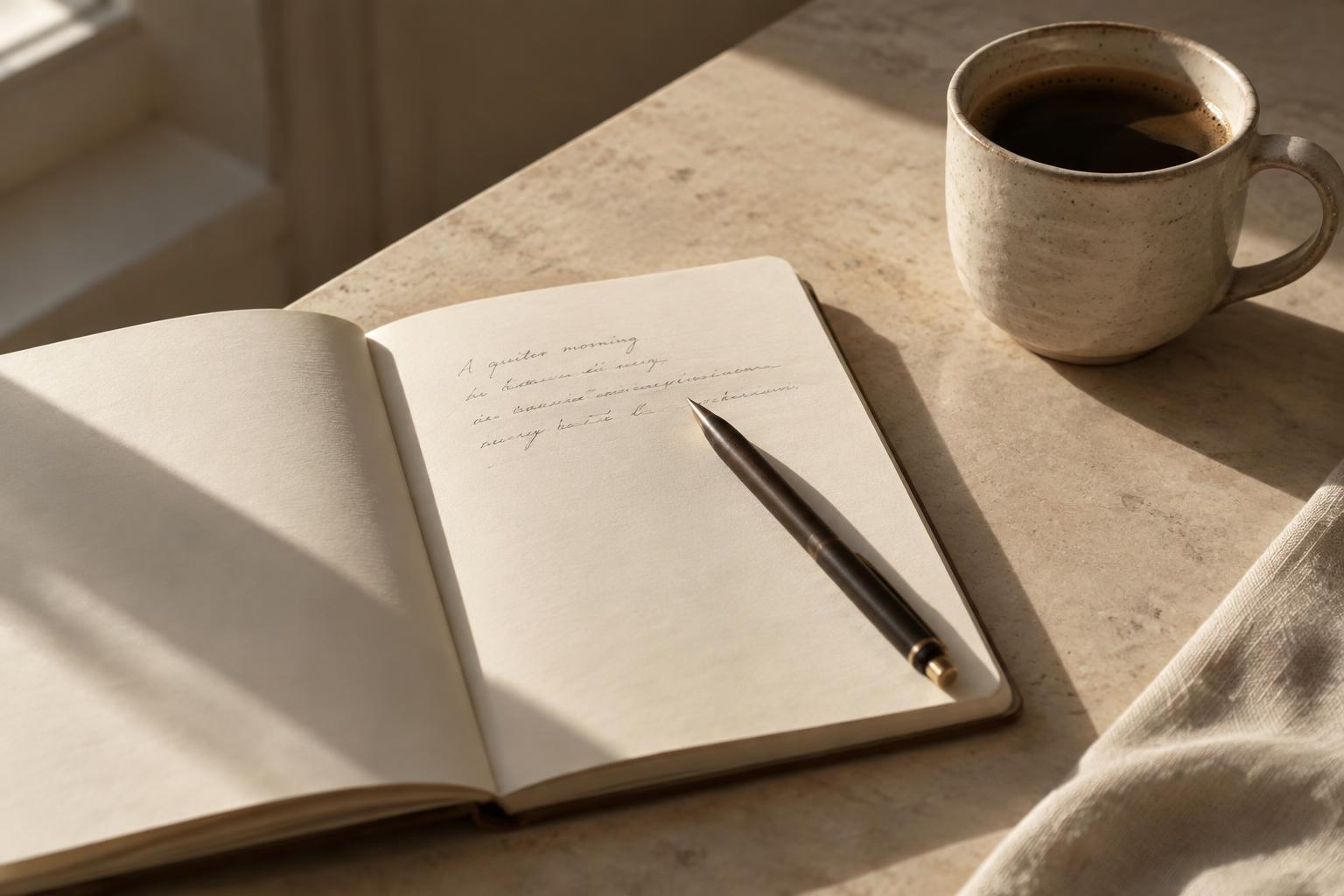 A notebook with a few handwritten lines, a dark pen and a ceramic coffee cup