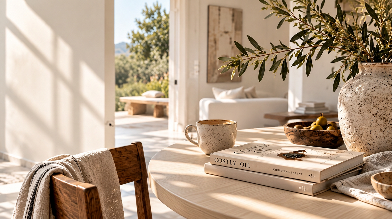 Costly Oil, a ceramic mug, and olive branches on a sunlit wooden table