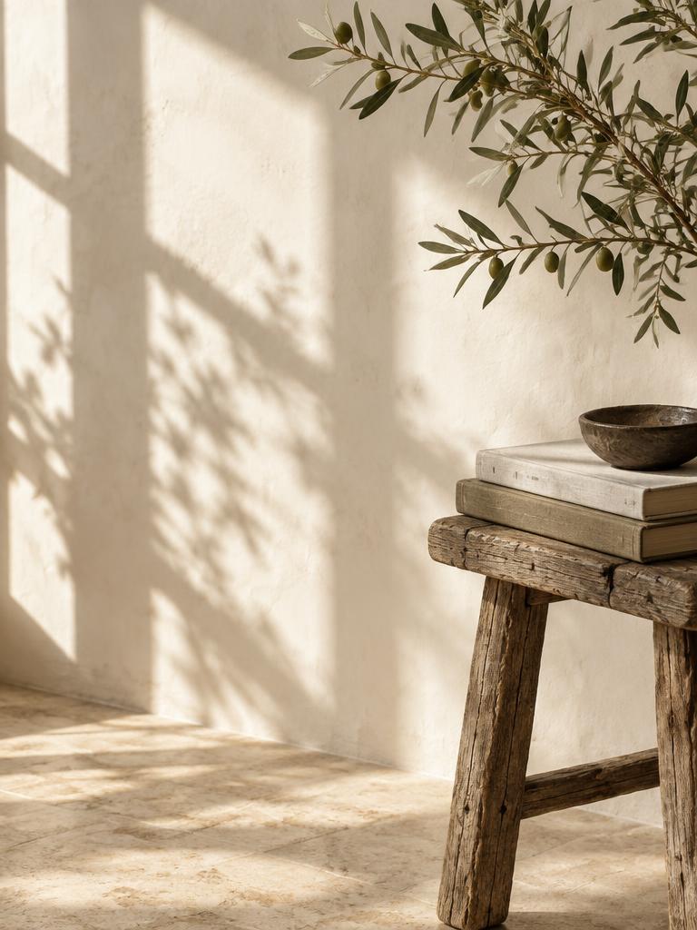 A small wooden stool with books and a ceramic bowl in afternoon light