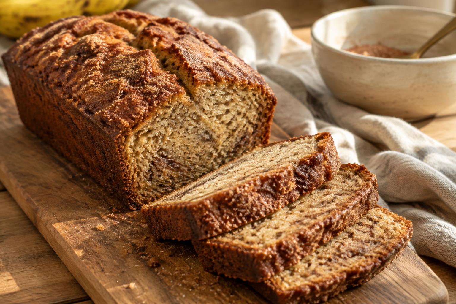 Banana bread with a cinnamon sugar top, sliced on a wooden board