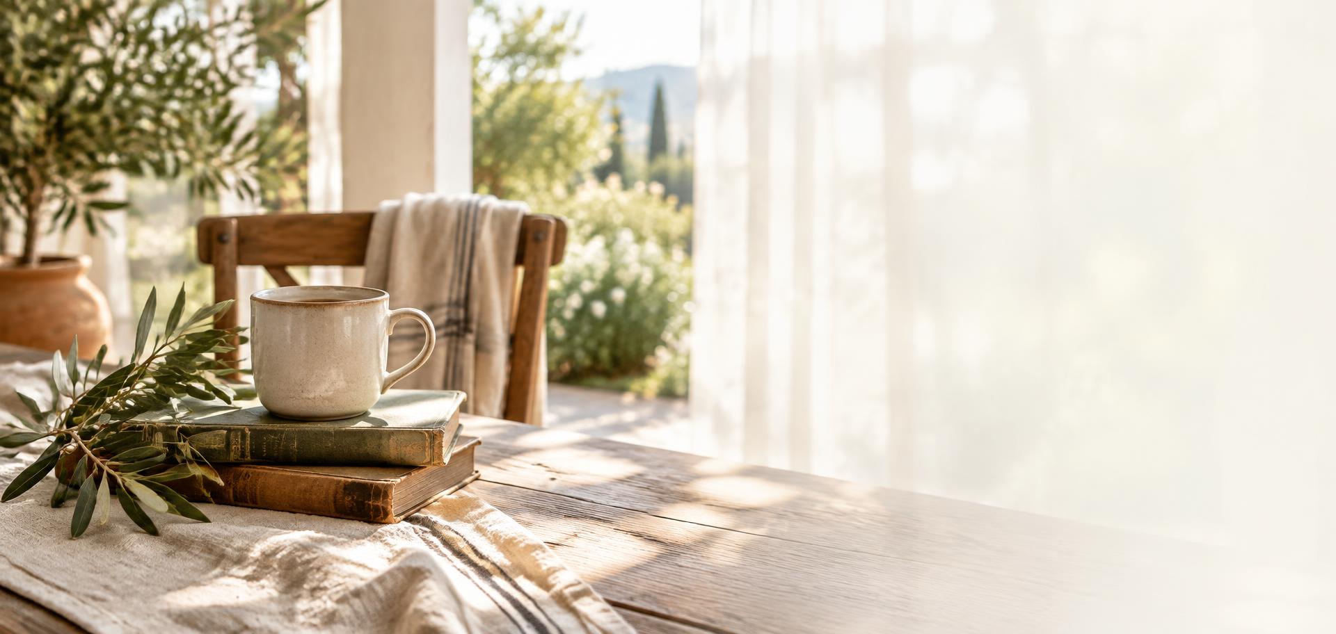 A ceramic mug resting on old books on a sunlit porch table