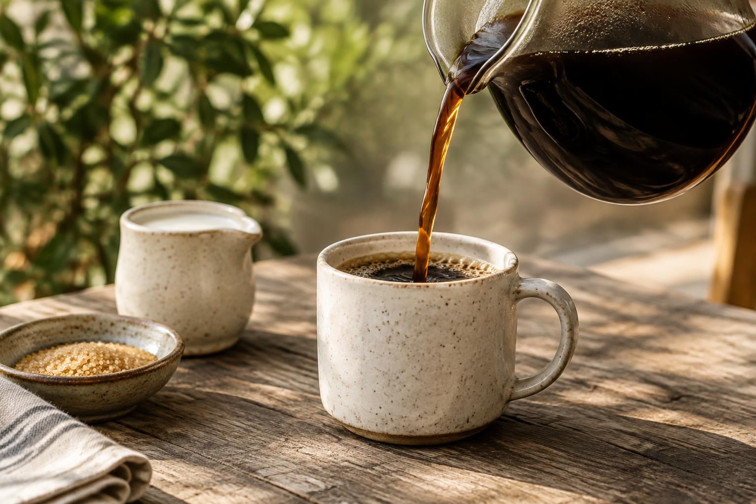 Coffee being poured into a speckled ceramic mug