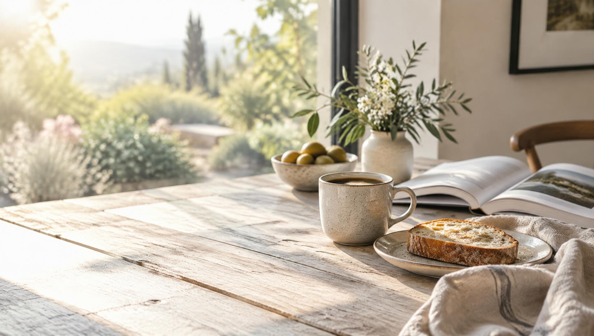 A sunlit breakfast table with coffee, toast, an open book and greenery
