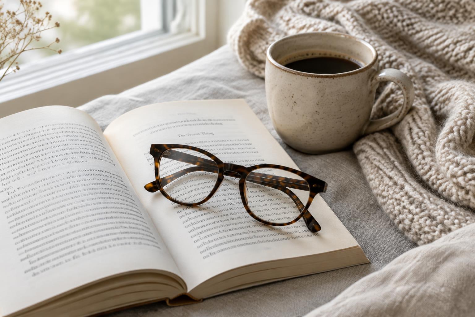 An open book with reading glasses beside a cup of coffee