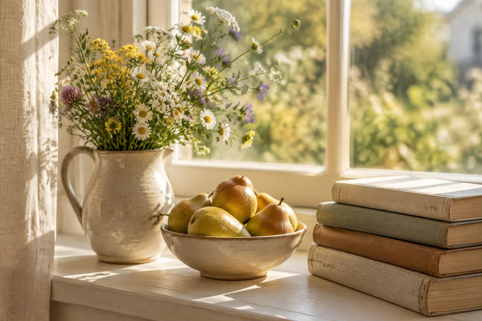 A ceramic pitcher of wildflowers, a bowl of pears and books on a sunlit windowsill