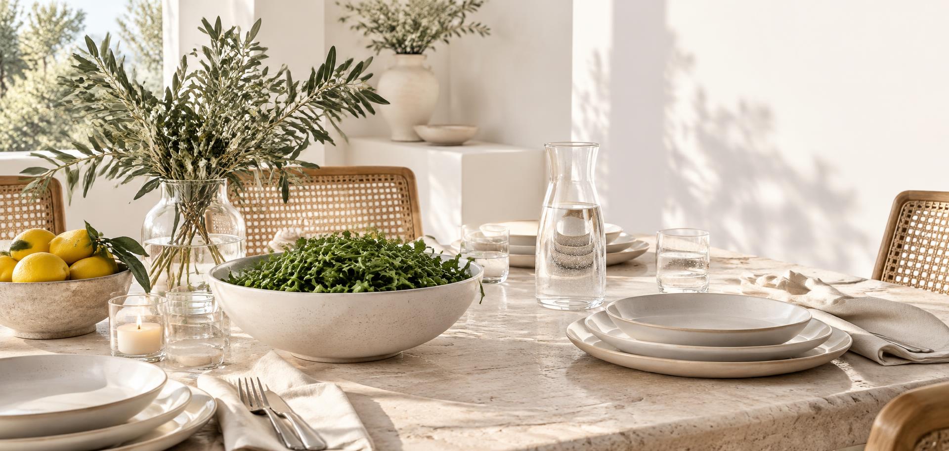 A bright stone dining table with cream plates, water glasses and a bowl of greens