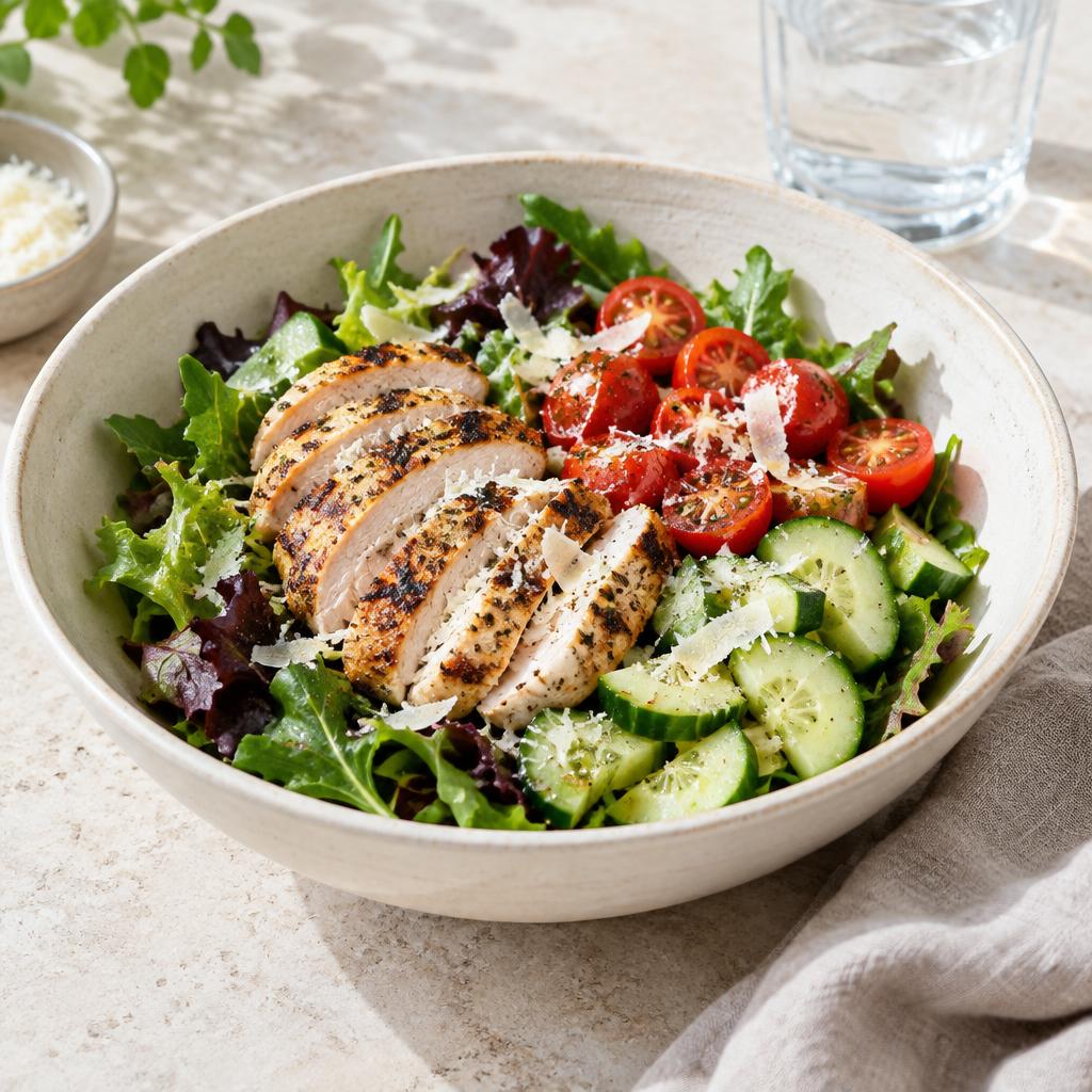 A dinner bowl of greens, sliced chicken, tomatoes and cucumber