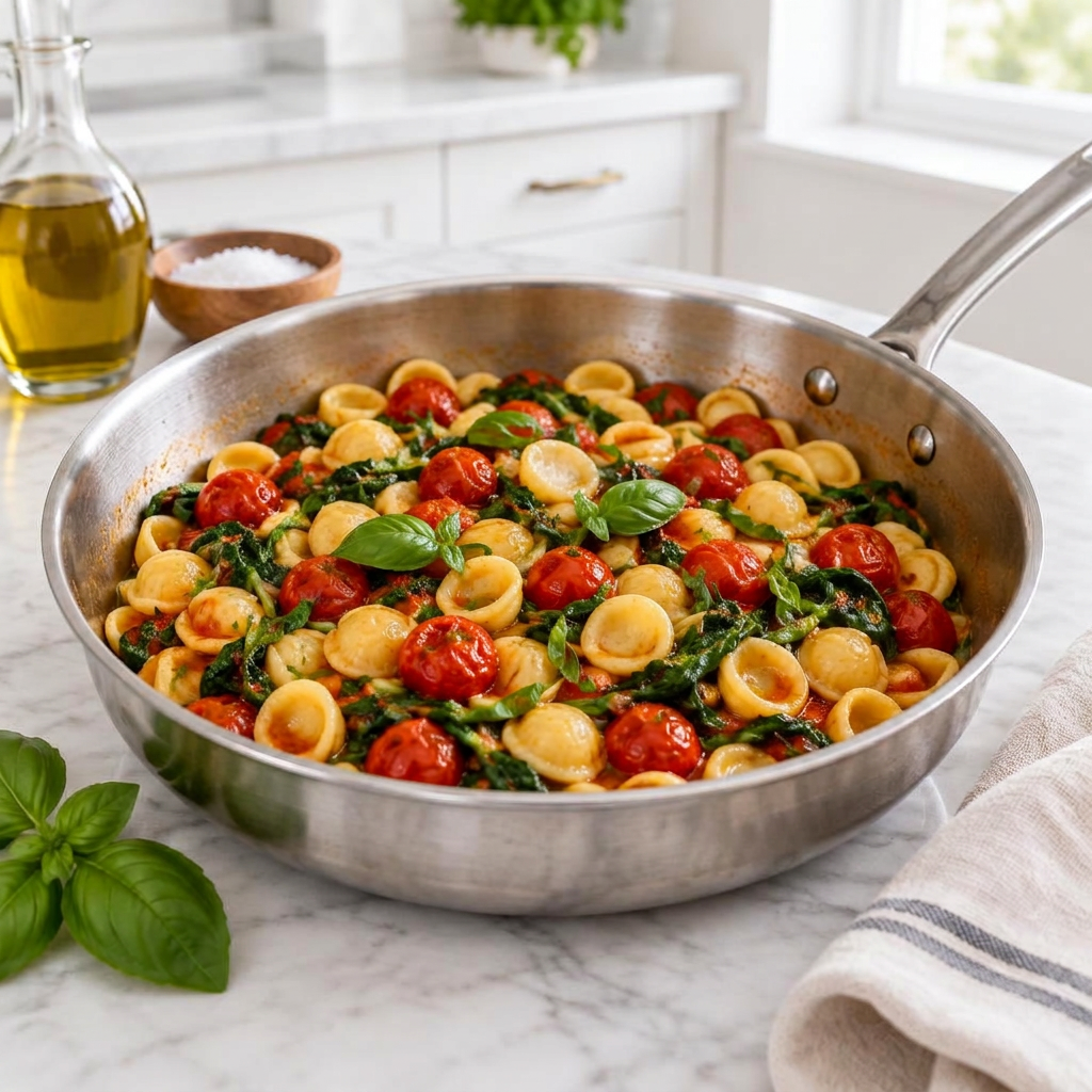 A stainless-steel pan of pasta with tomatoes and greens on a marble kitchen counter