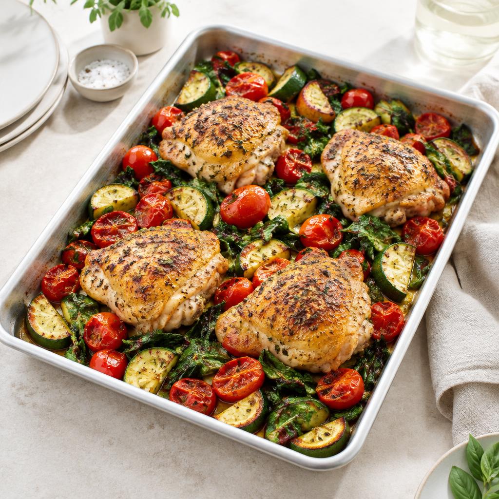 Sheet-pan chicken with roasted tomatoes, zucchini and greens