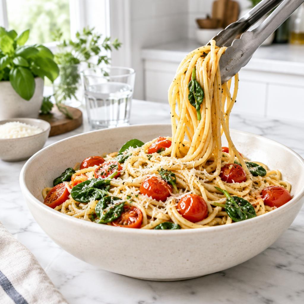 Pasta with tomatoes, greens and Parmesan being lifted from a bowl