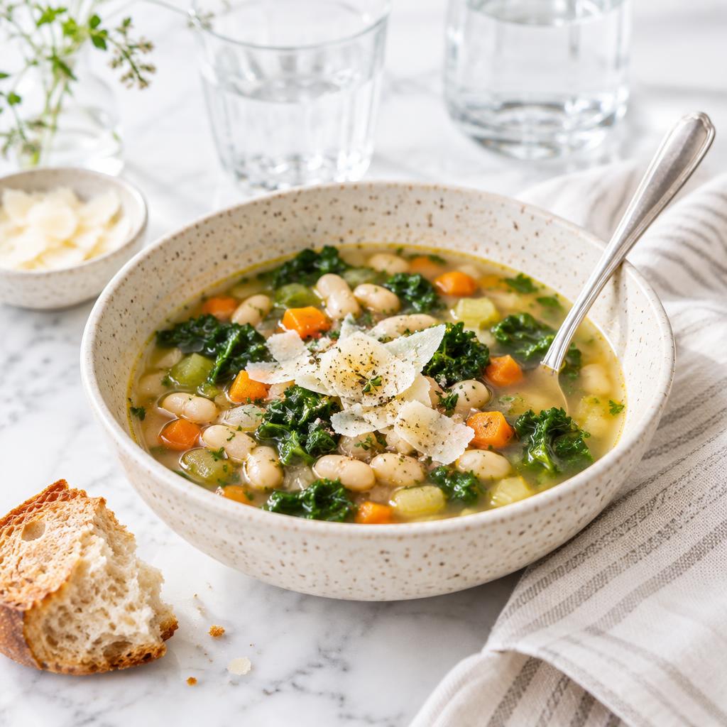 White bean and vegetable soup in a cream ceramic bowl with bread