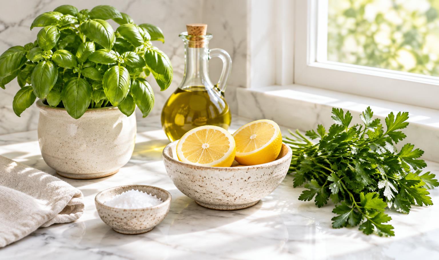 Basil, olive oil, halved lemons and parsley on a sunlit marble counter